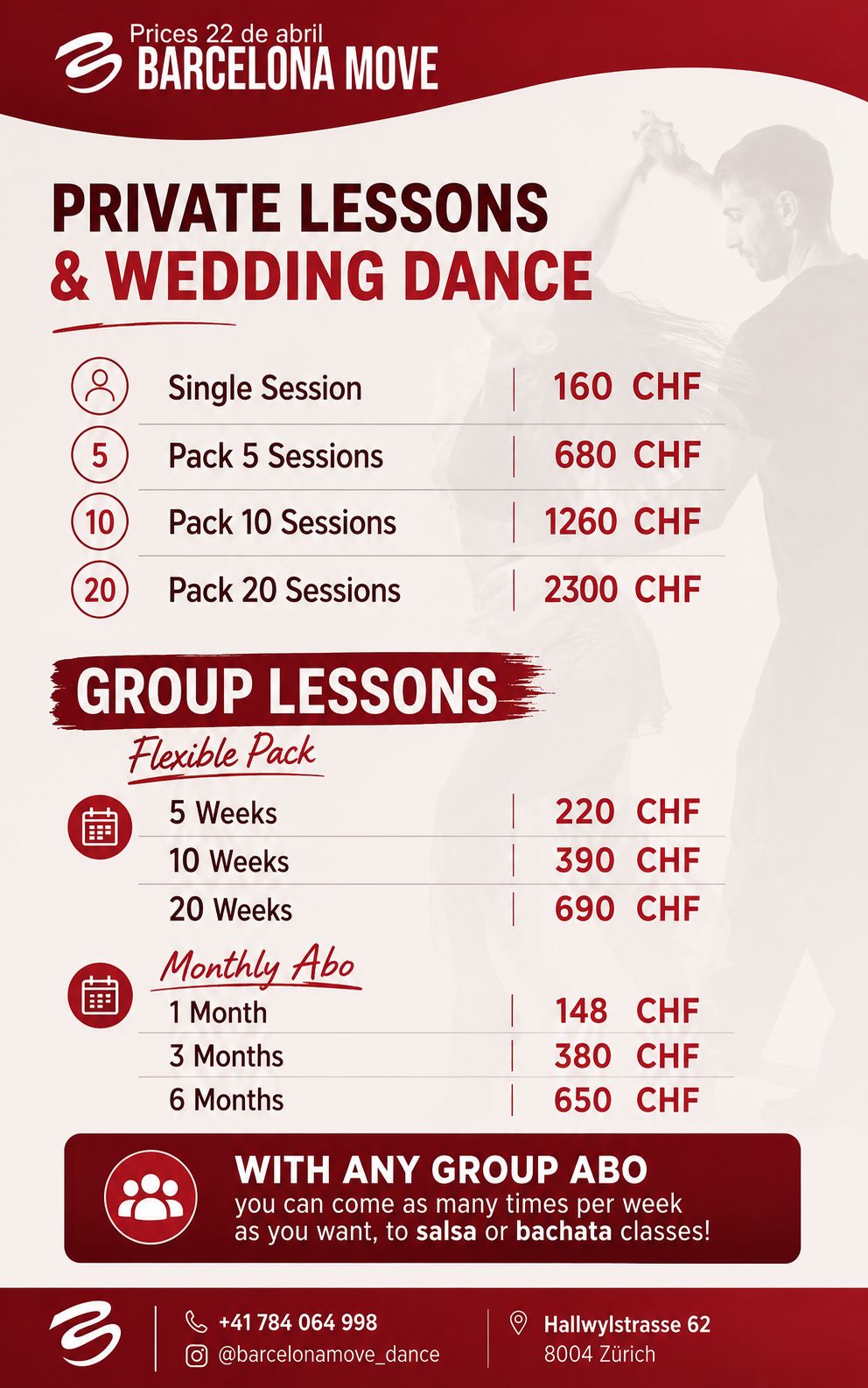 Barcelona Move Prices for Private Lessons, Wedding Dances and Group Lessons